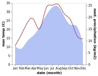 temperature and rainfall during the year in Poggio Moiano