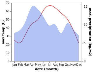 temperature and rainfall during the year in Hukumat-e Nad 'Ali