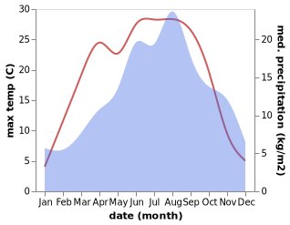 temperature and rainfall during the year in Bleiberg-Kreuth