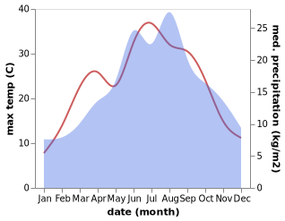 temperature and rainfall during the year in Allentsteig