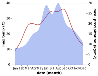 temperature and rainfall during the year in Auersthal