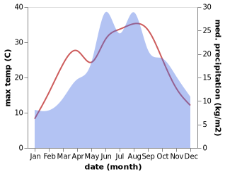 temperature and rainfall during the year in Ottenthal