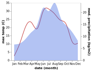 temperature and rainfall during the year in Traunstein