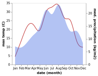 temperature and rainfall during the year in Bosanski Petrovac