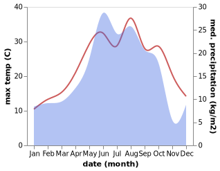 temperature and rainfall during the year in Kutaisi