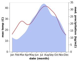 temperature and rainfall during the year in Calderara di Reno