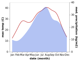 temperature and rainfall during the year in Vigarano Mainarda