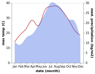 temperature and rainfall during the year in Artena