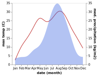 temperature and rainfall during the year in Saku