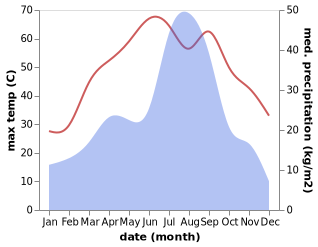 temperature and rainfall during the year in Jahanian Shah