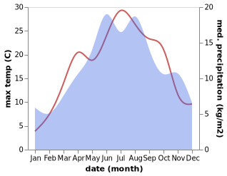 temperature and rainfall during the year in Brezoi