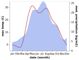 temperature and rainfall during the year in Kirgiz-Miyaki