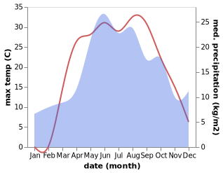 temperature and rainfall during the year in Pyatnitskoye