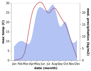 temperature and rainfall during the year in Krasnyye Baki