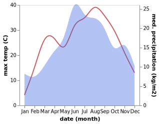 temperature and rainfall during the year in Bojnik