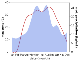 temperature and rainfall during the year in Biryukove