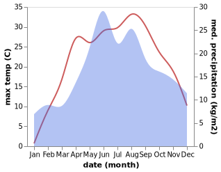 temperature and rainfall during the year in Kozlov