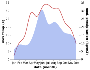 temperature and rainfall during the year in Manevychi