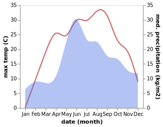 temperature and rainfall during the year in Denyshi